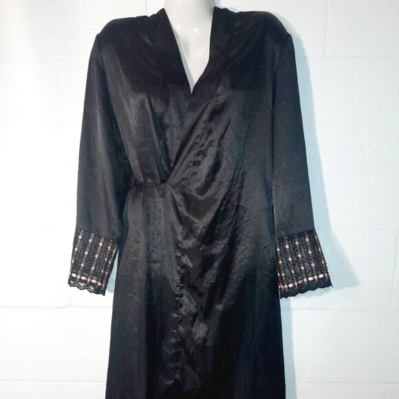 Delicates Women's Black Silky Wrap Robe Lightweight Intimates Rosebud Lace - Picture 1 of 10